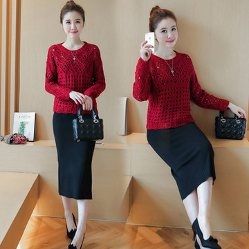 秋装韩版时尚女装圆领长袖针织毛衣包臀裙两件套ND1769