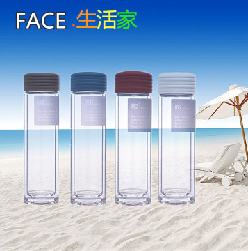 face水晶玻璃杯创意便携透明水杯子女士双层带盖透明玻璃茶杯包邮