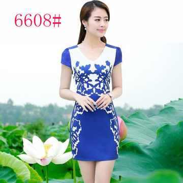 6608青花瓷中年女连衣裙夏装新款2014韩版大码女装夏季雪纺连衣裙