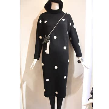 韩国代购2015秋冬新款高领波点毛衣连衣裙女中长款长袖套头针织裙