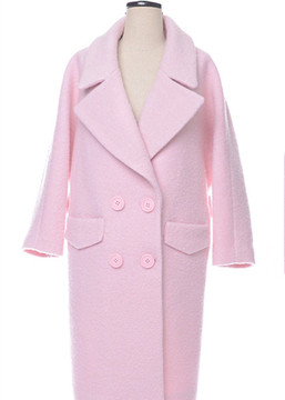2015糖力冬装新品欧洲站粉色双排扣西装领长款羊毛呢子大衣女外套