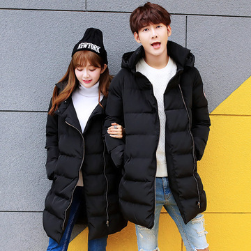 2015冬季韩版潮流情侣棉大衣长款过膝盖加厚保暖连帽棉服修身外套