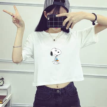 2016夏季新款大码短袖体恤上衣女装韩版卡通印花露脐短款显瘦t恤