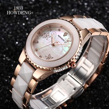 白瓷手表女表玫瑰金陶瓷手表白色贝母镶钻防水女生手表正品时尚表