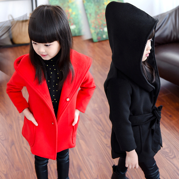 童装2015女童外套冬装新款韩版中小童纯色毛呢大衣儿童中长款连帽