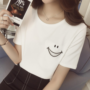 2016夏装韩版直筒 纯色圆领笑脸口袋短袖T恤打底衫女
