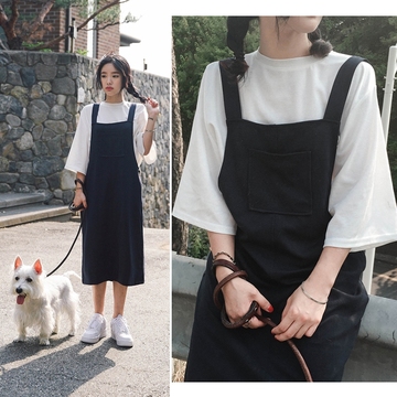 韩国ulzzang原宿风学生连体背带裙T恤两件套女夏中长款套装连衣裙
