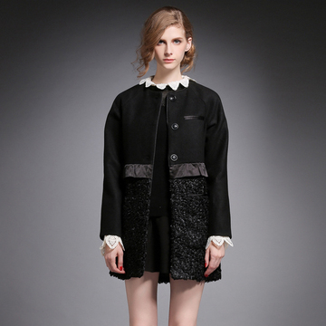2015秋冬季女韩版中长款毛呢外套潮气质拼接长袖修身呢子大衣