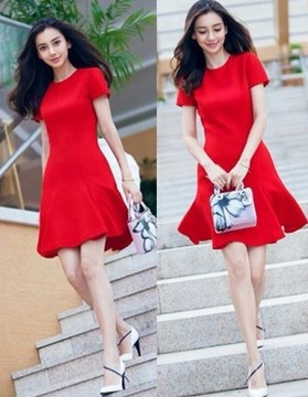 2015夏季新款女装欧美高档时尚潮流品牌圆领短袖鱼尾裙红色连衣裙