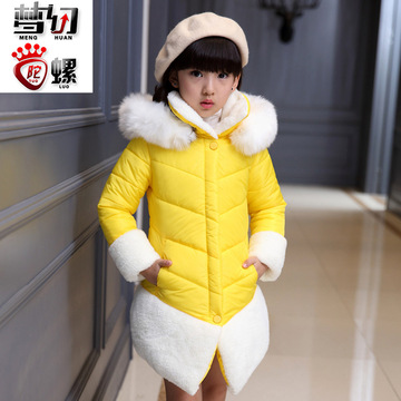 女童棉衣中长款加厚外套2015新款冬装韩版休闲连帽中大童棉衣