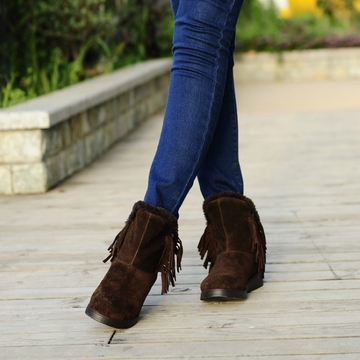 2015秋冬款英伦女士棉鞋牛皮短靴女式靴坡跟流苏靴女保暖靴子