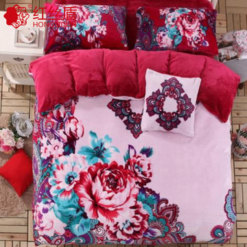 红丝盾家纺超柔平网加厚保暖法莱绒四件套珊瑚绒大版卡通床上用品