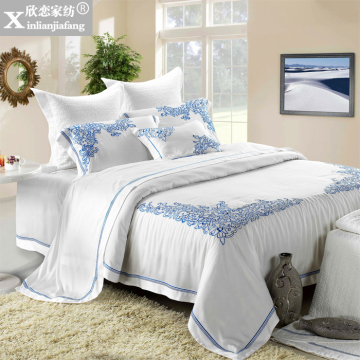 欣恋家纺 欧美式卧室软装 加厚纯天丝绣花床上用品四件套 YW-白蓝