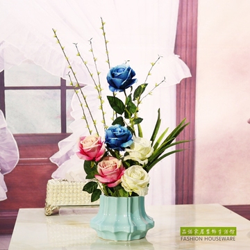 蓝色地中海陶瓷花瓶仿真花玫瑰花套装家居客厅装饰品摆放花卉摆件