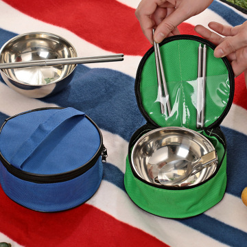 旅行餐具三件套 圆形单人不锈钢套装餐具 筷勺碗三合一套装