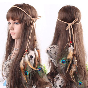 印第安吉普赛波西米亚民族风 韩国绒编织 孔雀羽毛发箍 发带