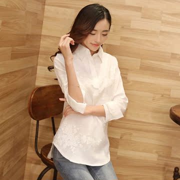 白衬衫女长袖2016春装新款欧根纱刺绣棉麻上衣韩版中长款打底衬衣