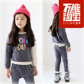 2015灰色套头孩子秋冬新款女童韩版牛奶草莓加绒加厚套装 T005