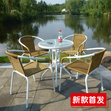 户外休闲小圆桌子钢化玻璃藤椅茶几咖啡组合三件套阳台家具田花园