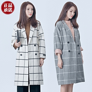 2015新款冬季韩版女款毛呢外套 长款提花格子纹加厚翻领呢子大衣