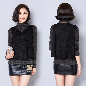 惜颜2015冬季新款韩版时尚长袖堆堆领蕾丝衫黑色打底衫小衫女潮