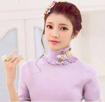 2015秋冬新款 韩版甜美公主荷叶边高领长袖针织衫女装打底毛衣厚