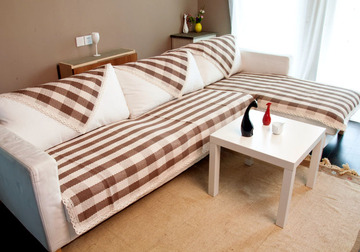 时尚咖啡格子加厚简约棉麻沙发垫 雅致沙发盖巾 四季通用