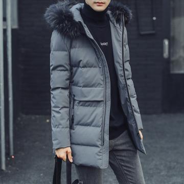 冬季男士中长款羽绒服青年修身韩版潮流时尚男装毛领加厚连帽外套