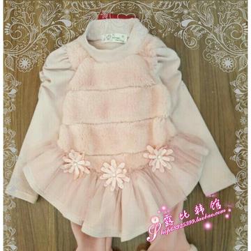 现货韩国正品进口童装代购2015冬装新款女童可爱毛毛公主加绒T袖