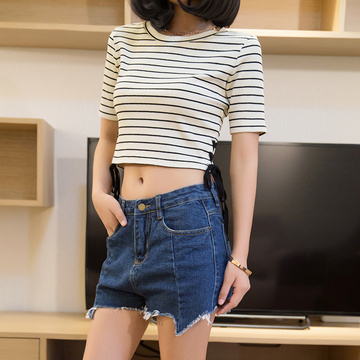 高腰t恤女夏 露脐装韩国条纹漏肚脐短款上衣绑带修身显瘦性感