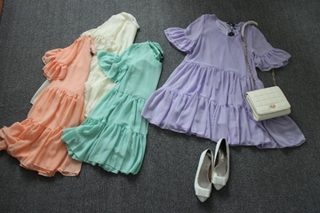 【若可依】5色香芋紫薄荷绿双层荷叶袖中长雪纺衫荷叶边连衣裙