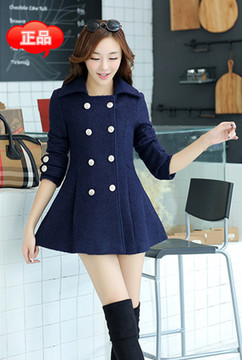 正品女冬装新款2015韩版修身双排扣中长款厚羊毛呢料子大衣码外套