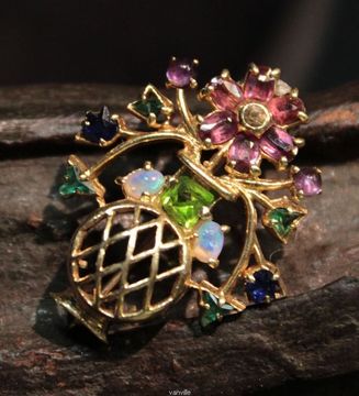 英国古董 色彩炫丽的多宝美物14K金 天然宝石女士胸针