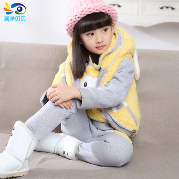 童装女童冬装套装2015潮 韩版中大童女童加绒加厚大卫衣三件套装