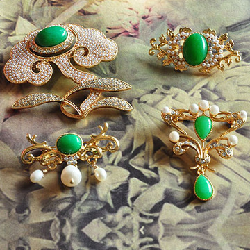 大牌设计师款 马来玉 珍珠 中国古典风 胸针 如意祝福 铜镀金 4款
