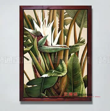东南亚风格装饰画纯手绘高档油画植物客厅玄关挂画酒店配画芭蕉树
