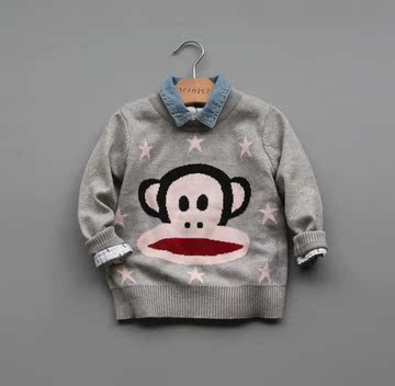 超值款儿童毛衣 双层细棉线可爱猴子图案套头毛衣3色中性款