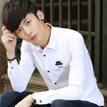 2015秋季新款韩版男式修身时尚长袖衬衫休闲潮流免烫印花打底衬衣