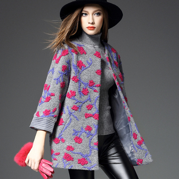 2015冬装新款女装 韩国东大门时尚欧美高端提花七分袖羊毛呢外套