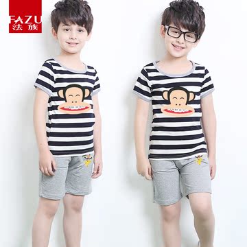 法族 2015新款童装 夏韩版条纹T恤童装短袖 开心猴男女童T恤套装