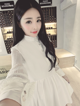 2016新款韩版修身显瘦名媛气质蕾丝袖拼接单排扣立领连衣裙打底裙