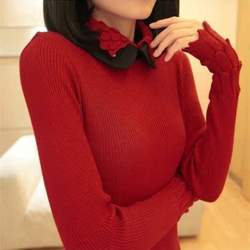 2015秋冬新款韩版菠萝袖娃娃领中长款修身显瘦针织打底衫毛衣女