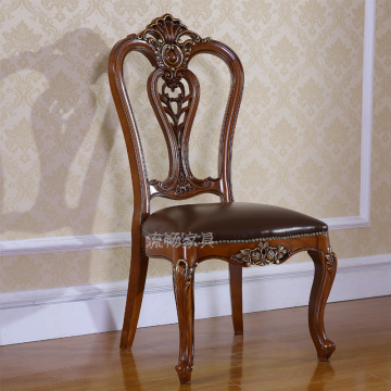 复古实木餐椅欧式皮艺餐桌椅组合雕花家具 美式乡材仿古做旧椅子