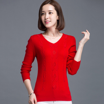 2015秋冬韩版新款女纯色V领套头针织毛衣短款镶钻女士羊毛打底衫