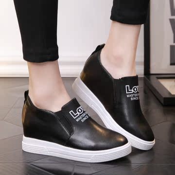 秋季单鞋女鞋中跟内增高3cm黑色白色套脚圆头工作休闲气质舒适