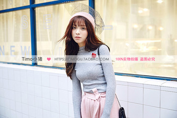 2015秋冬韩版 高领 套头毛衣 女 胸针 修身打 底衫 针织衫