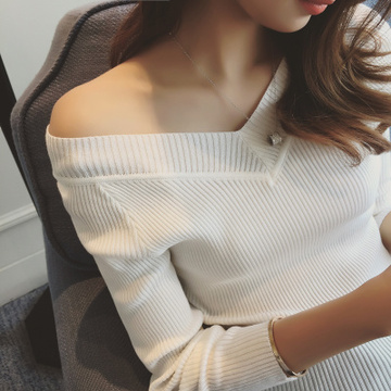 2015秋装新款韩版性感前后V领长袖修身竖纹修身显瘦套头针织衫 女