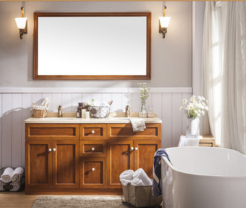 美欧式浴室柜组合橡木落地式双人盆卫生间洗手台梳洗盆卫浴柜台下