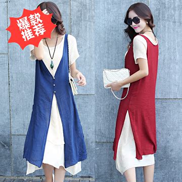 韩版棉麻宽松文艺裙女短袖2015夏季新款淑女气质假两件套连衣裙