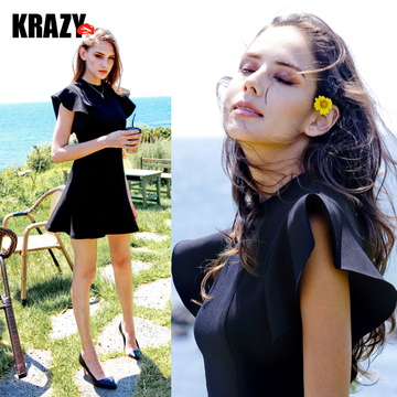 Krazy版型美哭 气质半高领收腰显瘦空气层蝴蝶袖黑色连衣裙 7285